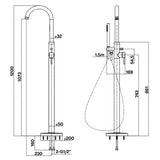 Technical drawing of a shower system with dimensions
