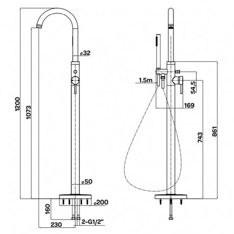 Technical drawing of a shower system with dimensions