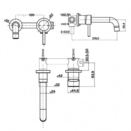 Technical drawing of plumbing fixtures with dimensions
