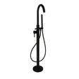 Black freestanding bathtub faucet with handheld shower on a white background