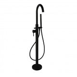 Black freestanding bathtub faucet with handheld shower on a white background