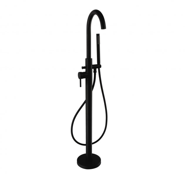 Black freestanding bathtub faucet with handheld shower on a white background