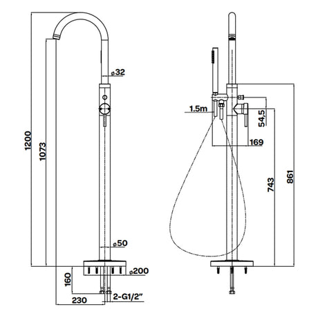 Technical drawing of a shower system with dimensions