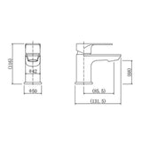 Technical drawing of a bathroom faucet with dimensions