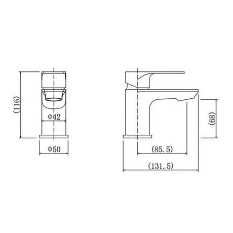 Technical drawing of a bathroom faucet with dimensions