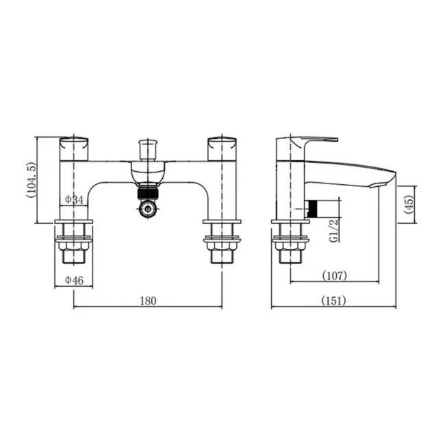 Technical drawing of a bathroom faucet with dimensions