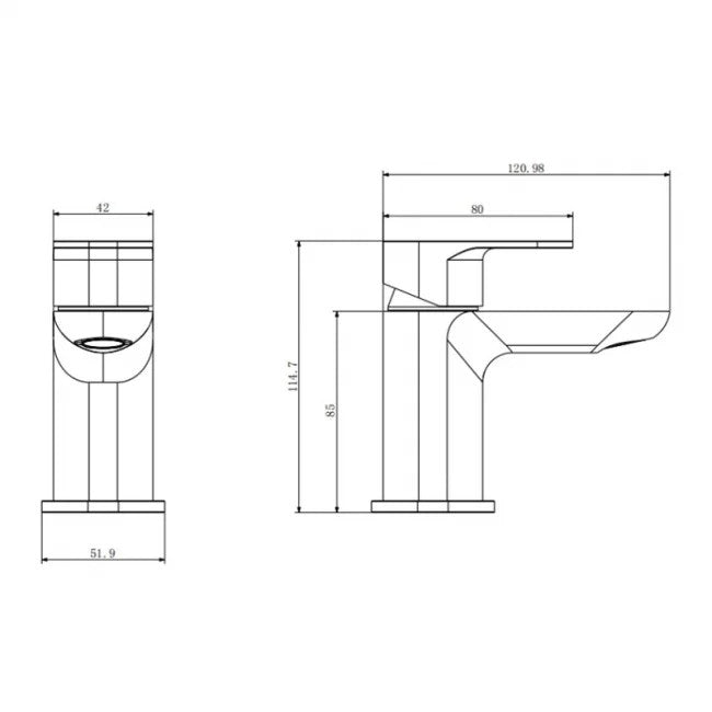 Technical drawing of a bathroom faucet with dimensions on a white background