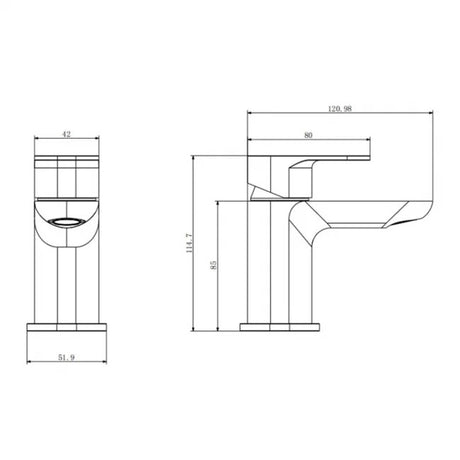 Technical drawing of a bathroom faucet with dimensions on a white background