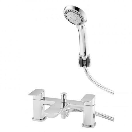 Chrome bath filler and shower set on a white background