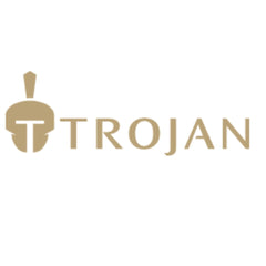 The Trojan logo, featuring a gold Spartan helmet with a 'T' for the helmet and the word 'TROJAN' in gold serif lettering, set against a solid white background.