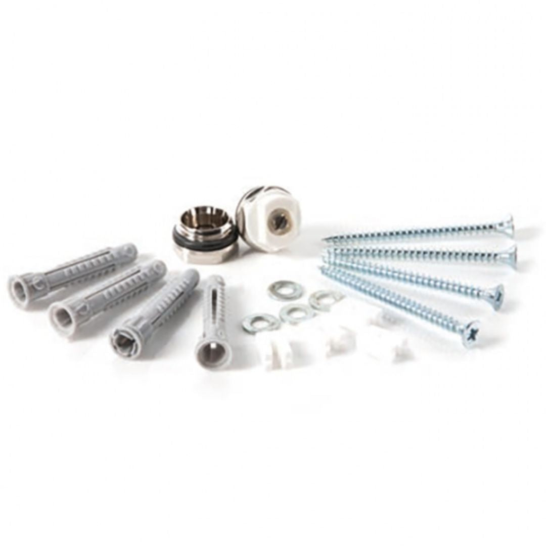 Set of screws and metal components on a white background