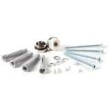 Set of screws and metal components on a white background