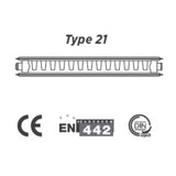 Technical line drawing of a radiator labeled 'Type 21' on a white background, with CE, EN 1442, and DIN Geprüfte certification marks below.