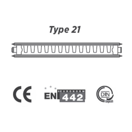 Technical line drawing of a radiator labeled 'Type 21' on a white background, with CE, EN 1442, and DIN Geprüfte certification marks below.