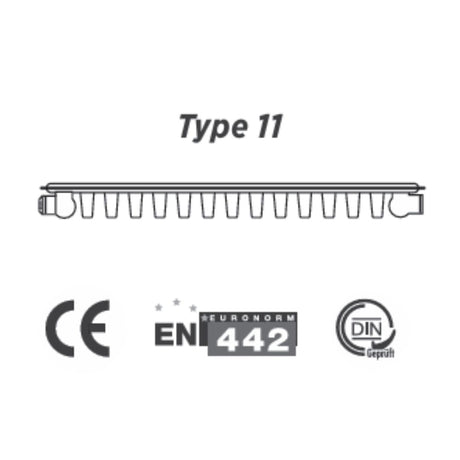 A technical line drawing of a radiator labeled 'Type 11' on a white background, with certification marks CE, EN 1442 Sturonom, and DIN Geprüft below.