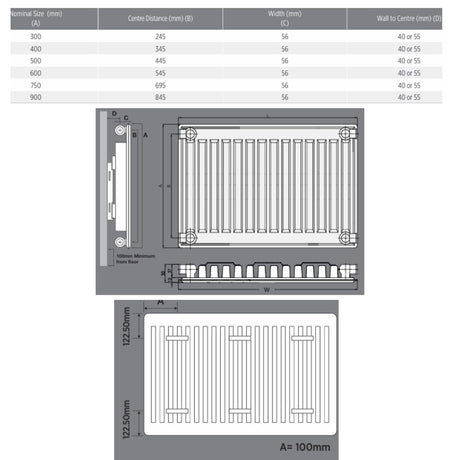 Technical dimension diagram and measurement table for Kartell Type 11 radiators, showing front and side cross-sections with labeled dimensions in millimeters.