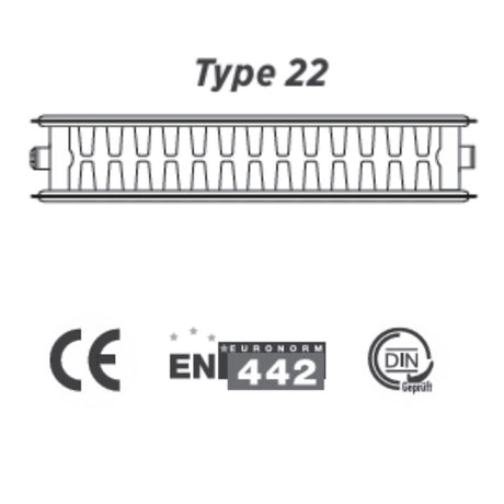 Technical line drawing of a radiator labeled 'Type 22' with CE, EN 1442, and DIN Geprüfte certification marks below on a white background.