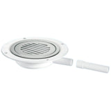 A white circular drain assembly with a slotted metal center and a short white pipe connector, shown on a plain white background.