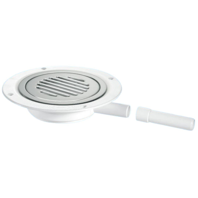 A white circular drain assembly with a slotted metal center and a short white pipe connector, shown on a plain white background.