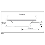 Technical dimension drawing of a round drain, showing measurements 200mm, 45mm, 118mm, and Ø22 on a white background.