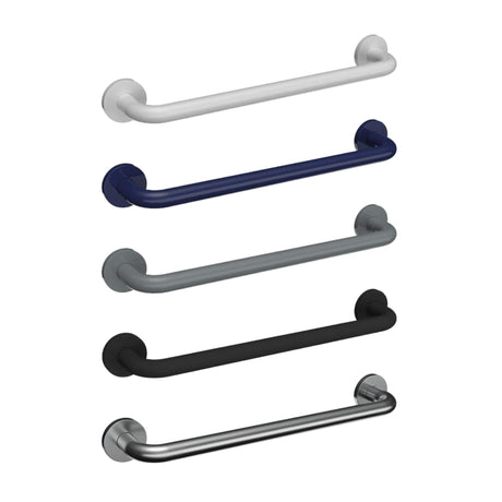 Five grab bars in different colors on a white background