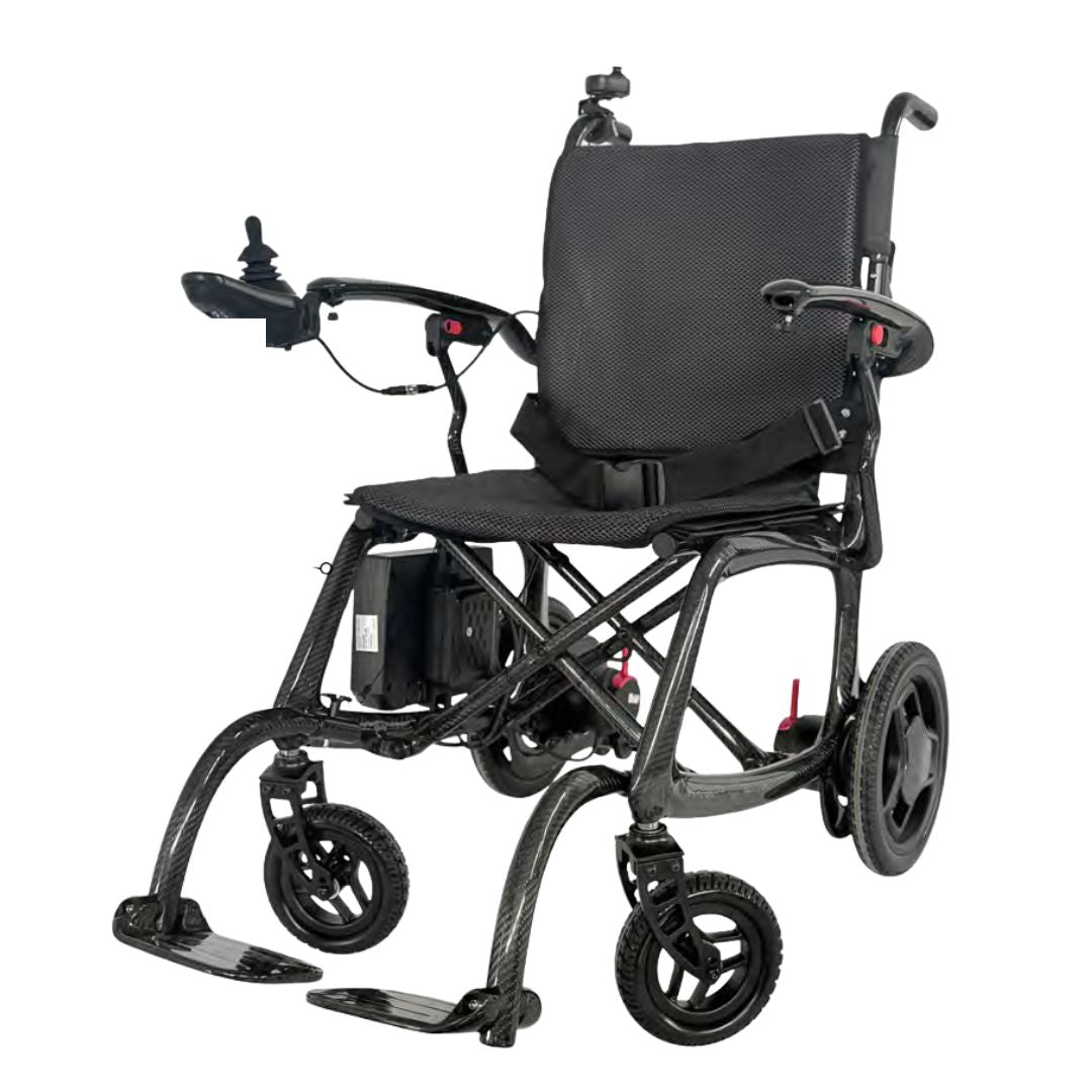 Black electric wheelchair on a white background