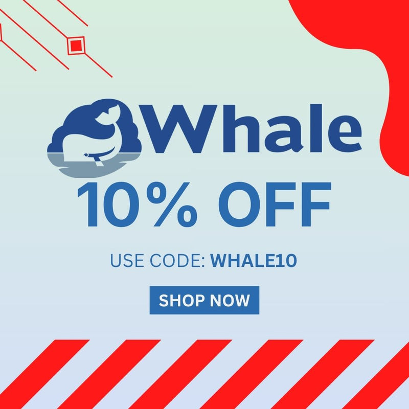 Promotional graphic for Whale with a blue whale logo, large text reading 'Whale 10% OFF', a 'USE CODE: WHALE10' line, and a blue 'SHOP NOW' button on a pale blue background with red abstract shapes and diagonal stripes.