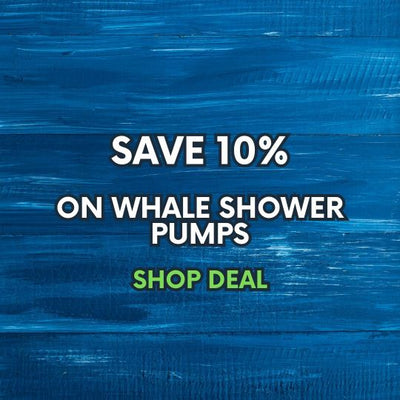 Promotional graphic with a blue painted wood background and text reading 'SAVE 10% ON WHALE SHOWER PUMPS' and 'SHOP DEAL'.
