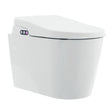 A white wall-mounted toilet with a closed lid and a small control panel on the left side, shown against a plain white background.