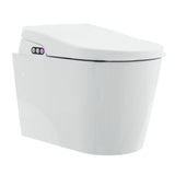 A white wall-mounted toilet with a closed lid and a small control panel on the left side, shown against a plain white background.