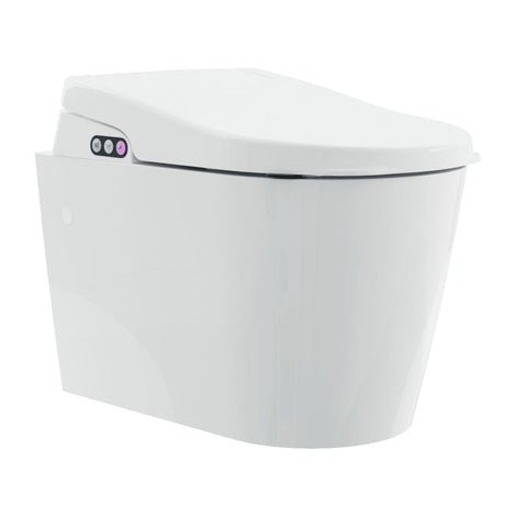 A white wall-mounted toilet with a closed lid and a small control panel on the left side, shown against a plain white background.