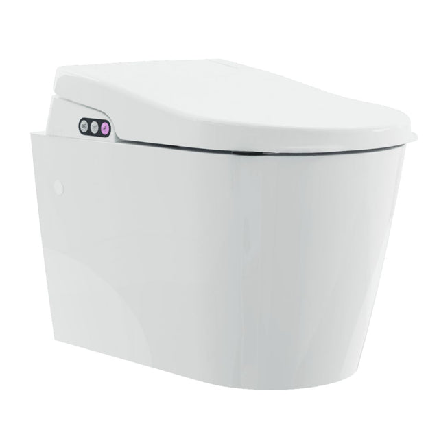 A white wall-mounted toilet with a closed lid and a small control panel on the left side, shown against a plain white background.