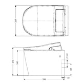 Technical line drawing showing top and side views of a product with dimension labels and measurements on a white background.