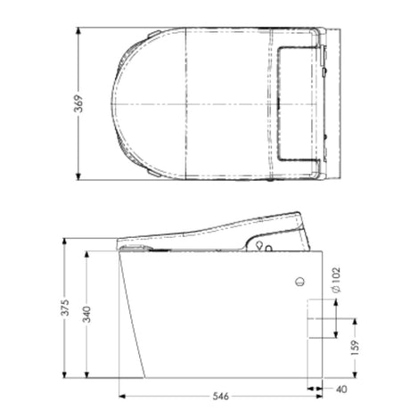 Technical line drawing showing top and side views of a product with dimension labels and measurements on a white background.