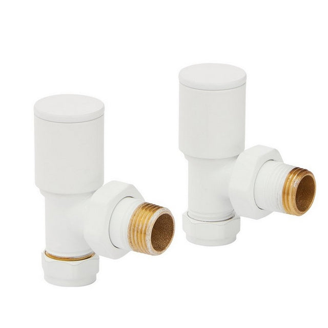 Two white plumbing valves with brass connectors on a white background