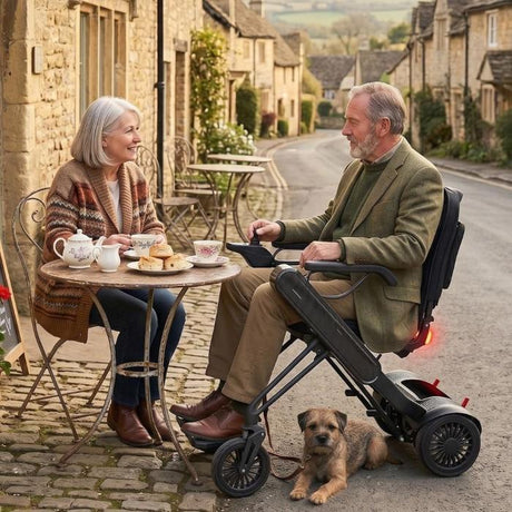 An elderly couple sits at a small outdoor cafe table in a village street, with a dog resting beside a black electric wheelchair-style chair. The woman wears a brown patterned cardigan and blue jeans, and the man wears a green tweed jacket and tan trousers.