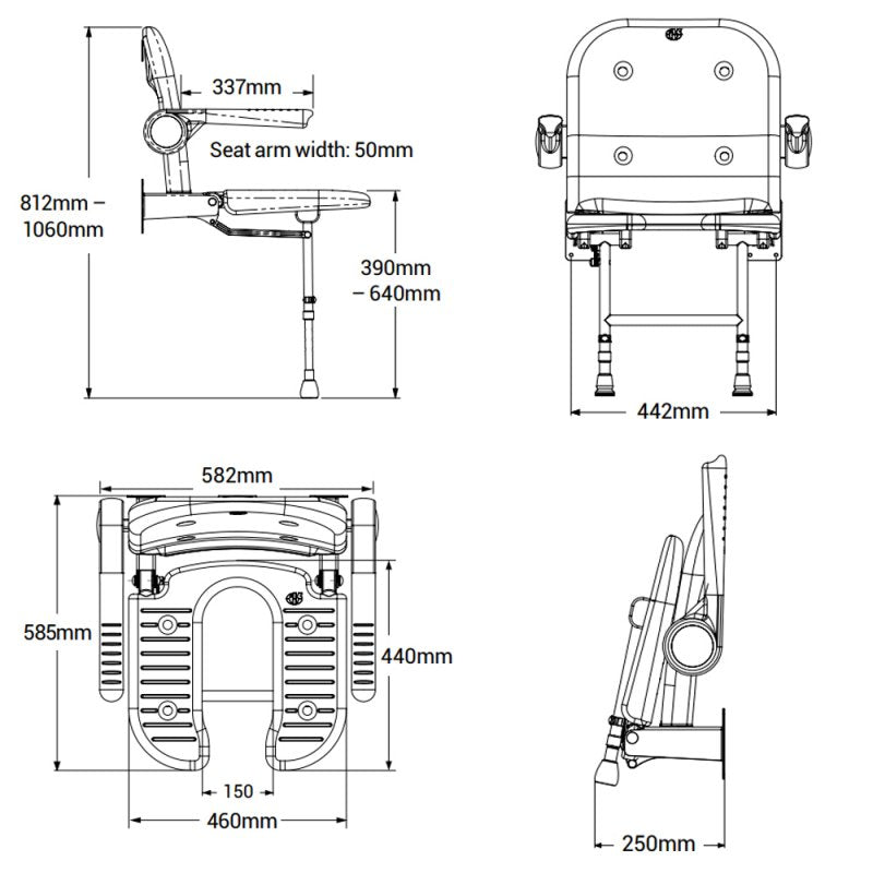 Technical drawing of a toilet seat with dimensions labeled