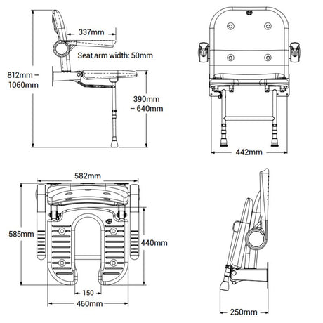 Technical drawing of a toilet seat with dimensions labeled