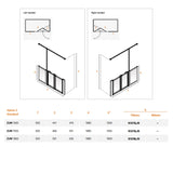 A technical installation diagram showing left-handed and right-handed mounting instructions with labeled dimensions, plus a size table below for options ZW 1500, ZW 1800, and ZW 1880.