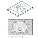 Technical line drawing showing a trimmable floor former with arrows indicating the trimmable area, plus a top-down view with a shaded grey trimmable region and the caption 'Trimmable area is shown in grey.' on a white background.
