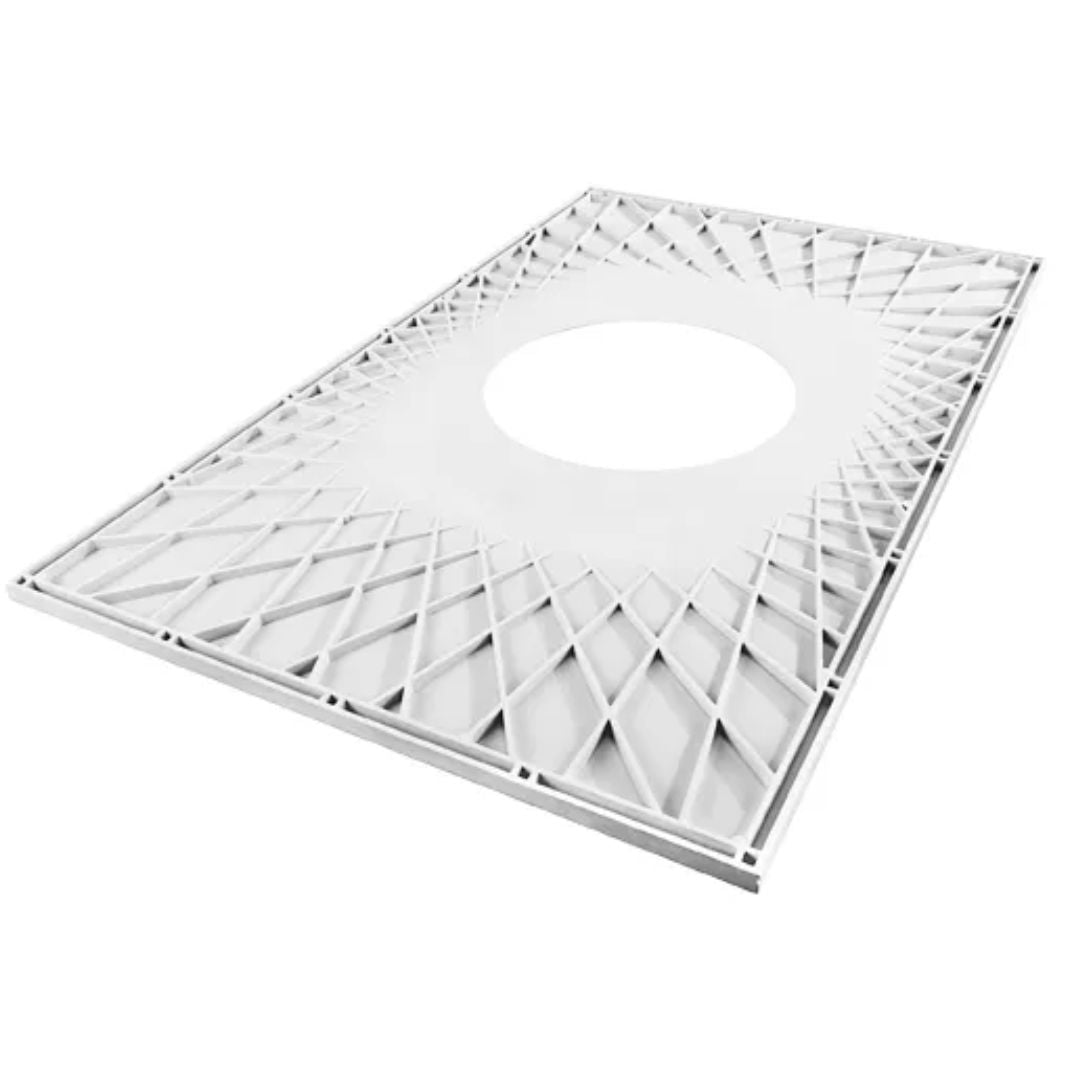 The underside of a rectangular wetroom former with a diamond-patterned grid design and a circular cutout in the center, shown on a solid white background.