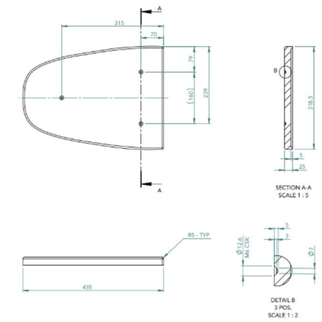 Technical drawing of a toilet plinth with dimensions and sections labeled