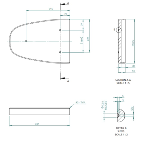 Technical drawing of a toilet plinth with dimensions and sections labeled