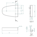Technical drawing of a toilet plinth with dimensions and sections labeled