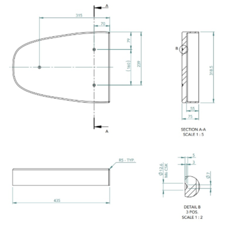 Technical drawing of a toilet plinth with dimensions and sections labeled