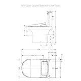 Technical dimension drawing of a close-coupled bidet toilet with lever flush, showing side and top-down views with measurement labels on a white background.