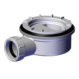 Close up of a DW90 waste system, silver in colour