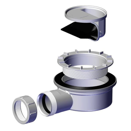 A 3D exploded view rendering of a plumbing drain assembly, showing the drain cover, pipe fitting, threaded connection, and gasket components separated against a plain white background.