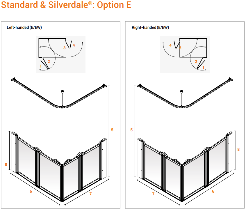Diagram showing left-handed and right-handed shower screen options with measurements.