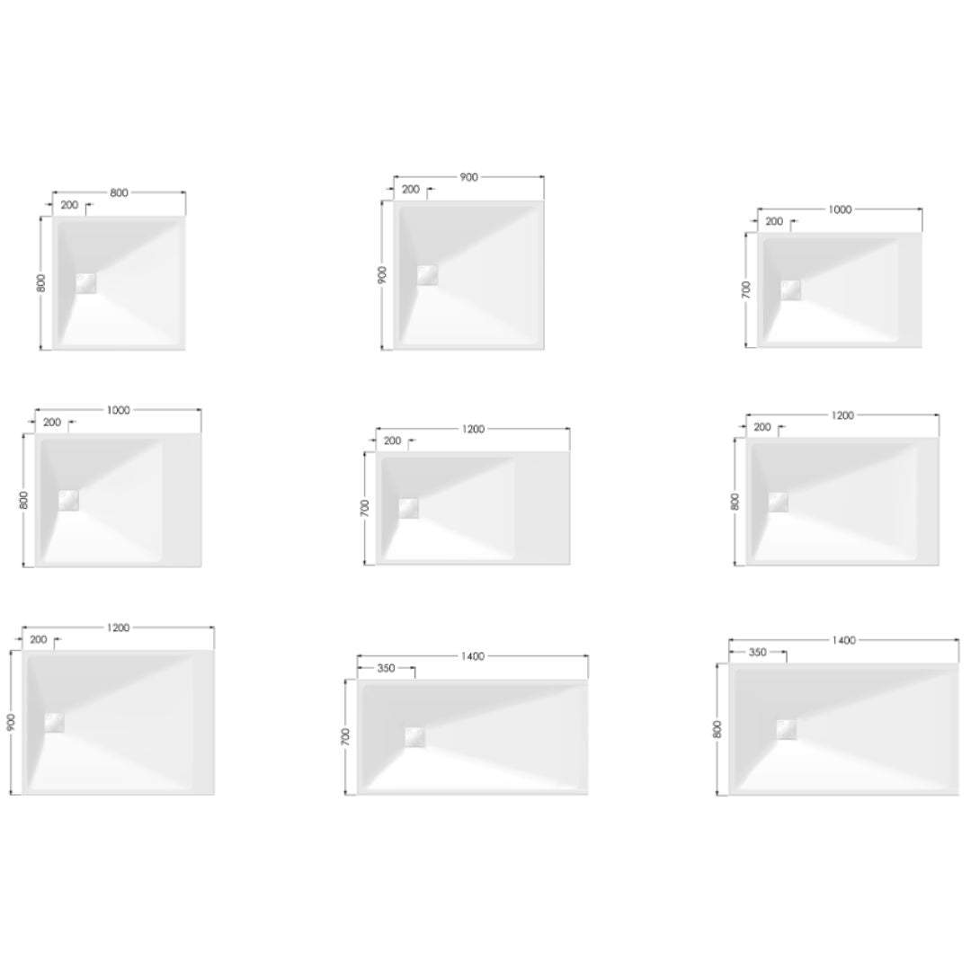 A grid of nine white rectangular shower trays shown from an angled top-down view, each with dimension labels around the edges on a plain white background.